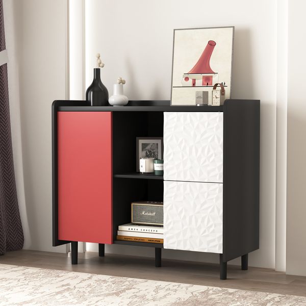 Sideboard-Buffetschrank in Schwarz mit roten Türen und 2 Schubladen – Viel Stauraum für Küche und Esszimmer