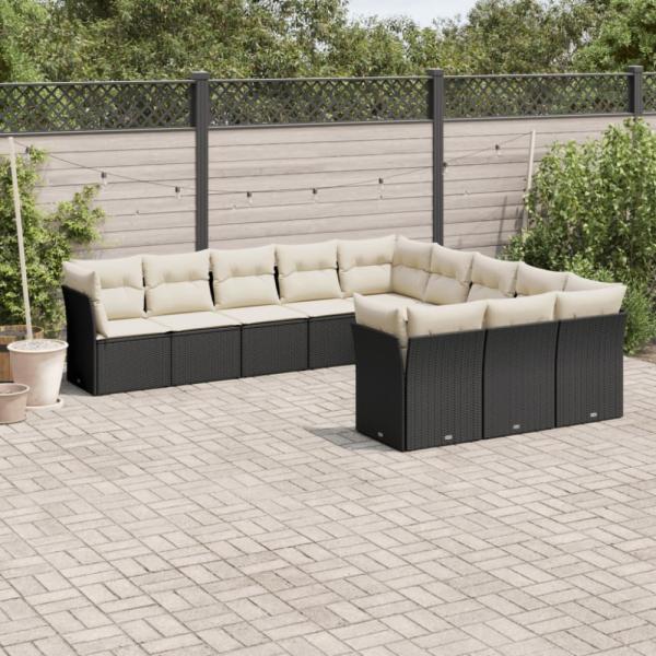 vidaXL 11-tlg. Garten-Sofagarnitur mit Kissen Schwarz Poly Rattan 3218406