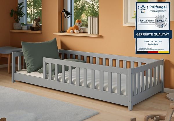 Kids Collective Kinderbett Bodenbett Bett mit Rausfallschutz & Lattenrost Montessori Bett Kinder (weitere Größen 80x180, 90x190, 90x200, 120x200, 140x200 cm), Jugendbett Einzelbett mit Matratze Aschgrau Kiefer 80x160 cm