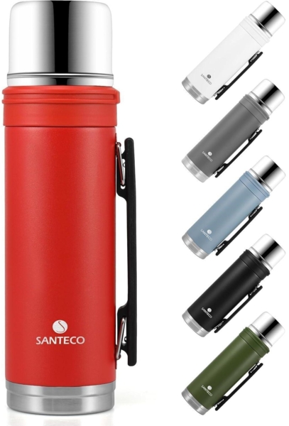 SANTECO Thermoskanne 1L Edelstahl Trinkbecher Auslaufsicher Isolierflasche Rot