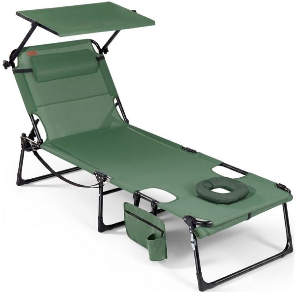 HOMECALL Gartenliege Sonnenliege mit Gesichtsöffnung und Sonnendach, klappbarer Liegestuhl, bis180 kg 200x70cm 4-Fach verstellbare Rückenlehne, 1 St, für Garten, Strand und Camping