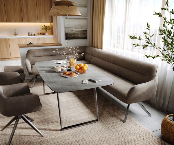 Esszimmerbank Taya-Flex 285x190 cm Mikrofaser Taupe Vintage Kreuzgestell kantig Graphit Taschenfederkern Rechts