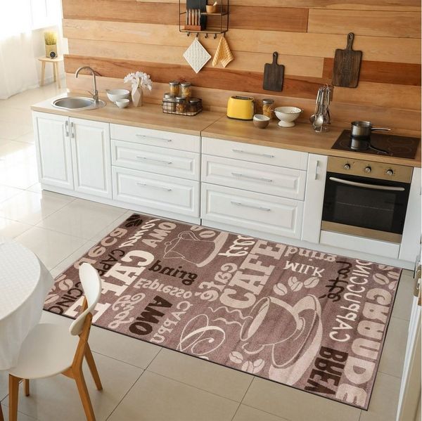 Vimoda Küchenläufer Trendiger Kaffee Teppich, Rechteckig, Höhe: 5 mm, Muster Kaffee, Kaffeetasse, Cappuccino, Küche, Esszimmer, Flur