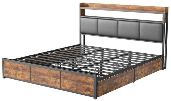 Furnishings Home Polsterbett Holzbett Stauraumbett, Mit LED-Licht und 4 Schubladen (Set, Bettgestell (Ohne Matratze), Mit Stauraum, LED-Beleuchtung, Lattenrost, 140x200 cm