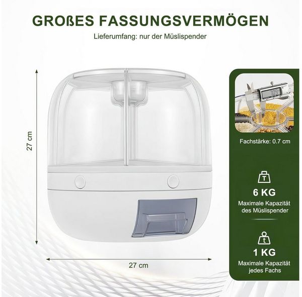 HEYHIPPO Müslispender Reisspender mit 6 kg Fassungsvermögen, Mehrfachfächer 27×27×27 cm, (Eine Packung, 360° drehbarer Reiseimer,Küchen-Aufbewahrungsbehälter mit Fächern,weiß), Vorratsbehälter für Reis und Getreide, feuchtigkeits- & insektenfest