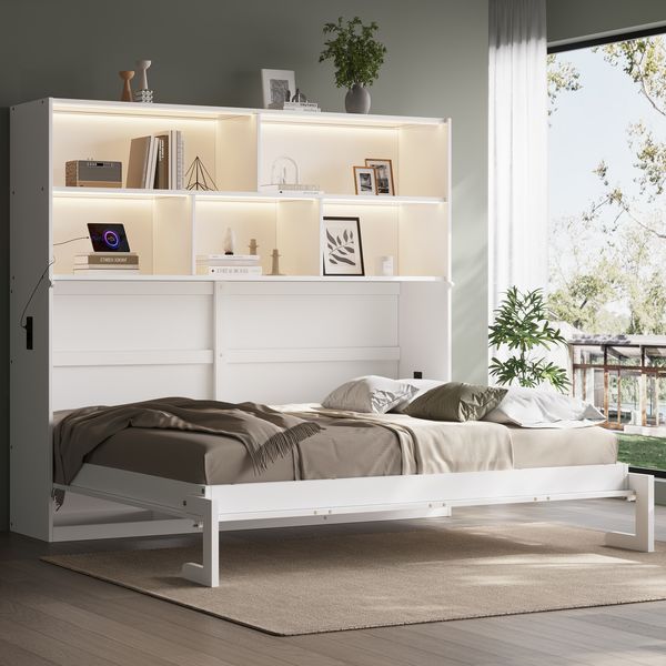Merax Schrankbett, Umwandelbares Einzelbett, Holzbett 90x200 cm mit LED-Lichtleiste, USB-Aufladen und Stauraum, weiß