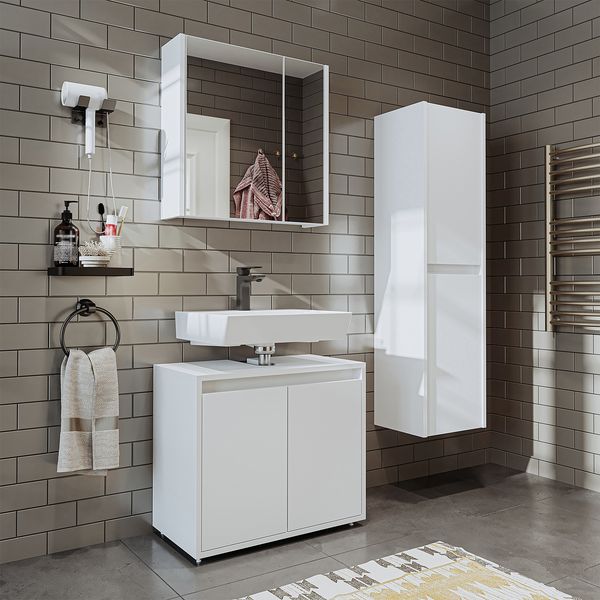 Roomart MELONA-S2-65 Badmöbel Set– 3-teiliges Badezimmermöbel Set - Unterschrank(ohne Waschbecken), Spiegelschrank & Hochschrank - H 55 x B 35 x T 65 cm • Weiß