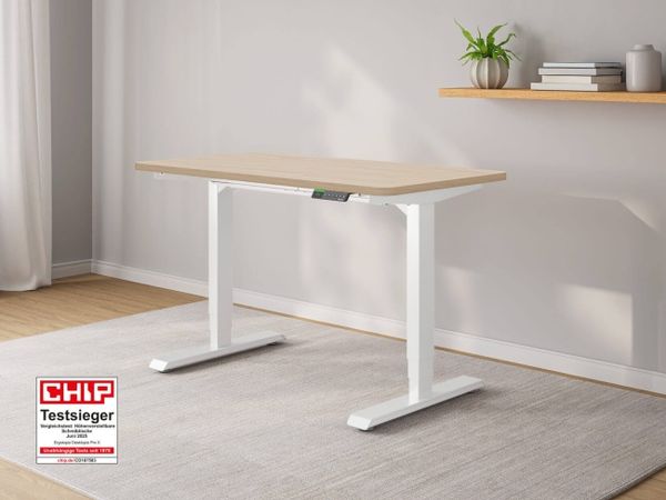 Ergotopia Desktopia Pro X I Elektrisch höhenverstellbarer Schreibtisch I 120x65 cm | Ahorn Dekor rund I Gestell Weiß I Inkl. Ziele- und