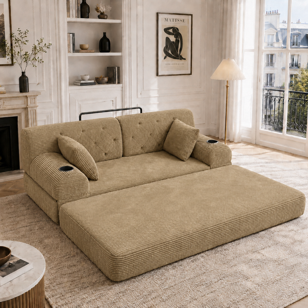2-Sitzer Schlafsofa Cord, hohe Lehne, 2 Getränkehalter, 4 Taschen, Khaki