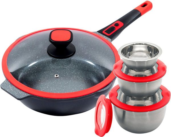 KING Bratpfanne Click-Grip, Aluminiumguss (Set, 8-tlg, 3 Schüsseln Ø17.5 Ø14.5cm Ø12cm mit Deckeln, 1 Pfanne Ø28cm mit Deckel), Induktion, mit Glasdeckel, abnehmbarer Pfannengriff, 28 cm
