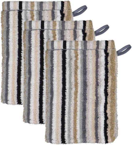 CAWÖ Waschhandschuh, 3er Pack - C Life Style Stripes, Waschlappen, Walkfrottier Beige 16x22cm