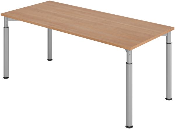 bümö höhenverstellbarer Schreibtisch 180x80 cm in Nussbaum, Gestell silber - PC Tisch höhenverstellbar & groß, höhenverstellbarer Tisch Büro, großer Computertisch verstellbar, Y-Serie, YS-19-N-S