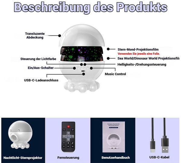 PRIISF LED Nachtlicht LED Sternenhimmel Projektor Baby Einschlafhilfe Stern Meereswelt Retoo, 3-Folien
