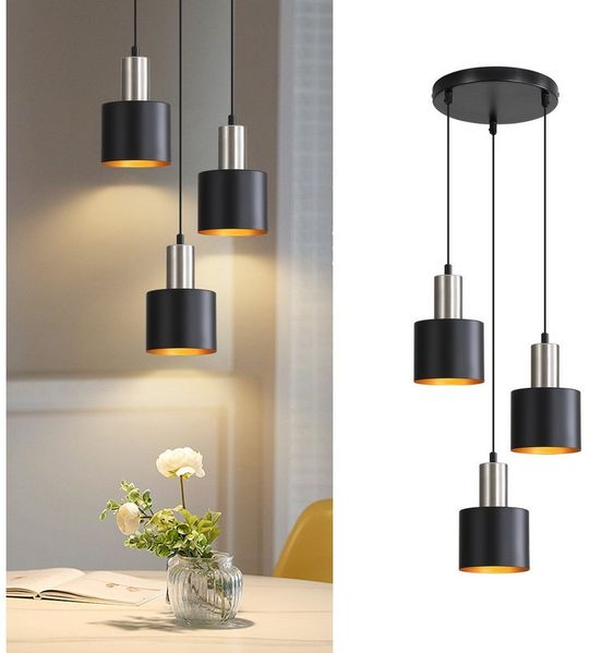 Nettlife Hängeleuchte Schwarz Gold Vintage 1/2/3 Flammig Esstisch E27 Pendelleuchte, Höhenverstellbar, LED wechselbar, Metall Pendelleuchte Essbereich Hängelampe