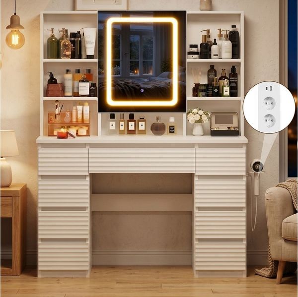 HOMALL Schminktisch Mit Spiegel und LED-Beleuchtung, mit Steckdose (Kombination aus 9 Schubladen, 7 offenen Fächern und Stauraum hinter dem Spiegel, Maße: 108 × 40 × 146 cm, mit 2 Steckdosen, 1 USB-Anschluss und 1 Typ-C-Anschluss, Föhnhalterung)