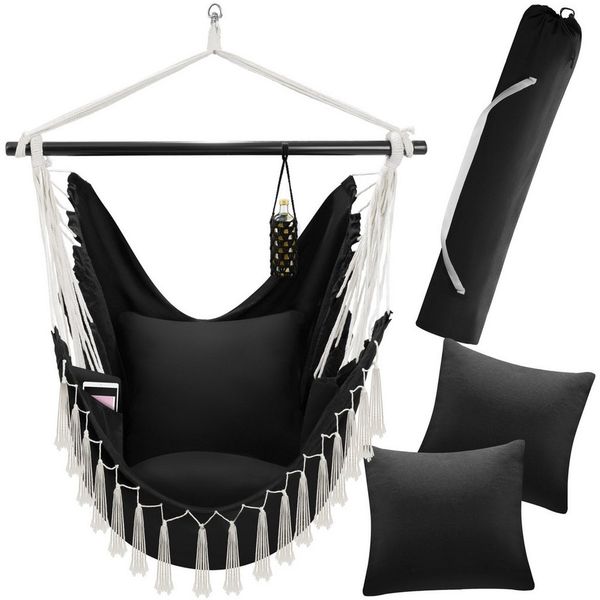 tectake Hängesessel Hängeschaukel, Belastbarkeit 150 kg, ca. 100 x 150 x 150 cm (Hängestuhl Malika, in Schwarz), dicke Kissen, mit Bücherfach & Flaschenhalterung, inkl. Tragetasche