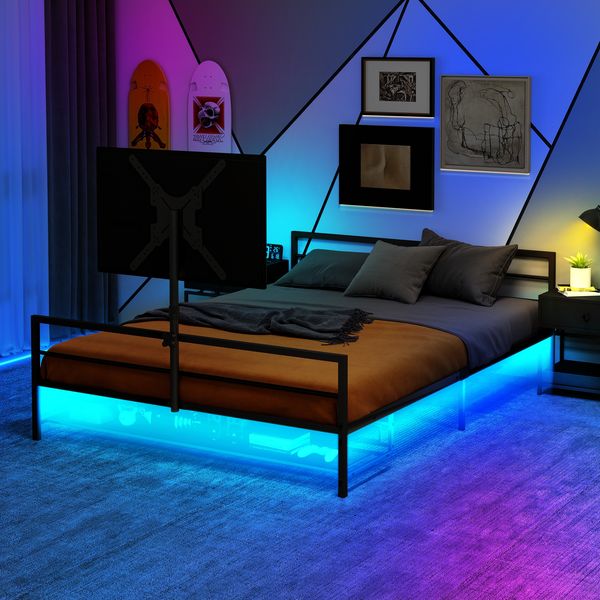 Metallbett mit LED-Beleuchtung & Monitorhalterung, Schwarz, ohne Matratze