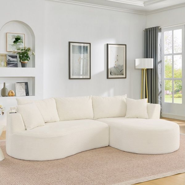 OKWISH Sofa Inkl. Getränkehalter & Kissen, vakuumverpackt, für Wohnzimmer, Bogenförmiges Design, weicher Cordstoff in Beige 1 Teile, 3-Sitzer Kompressionssofa mit rechte Chaiselongue