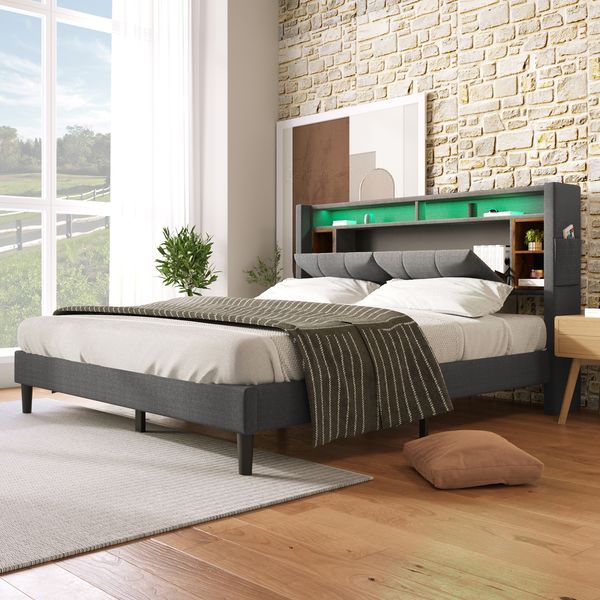 Polsterbett 160×200 cm aus Massivholz mit LED-Beleuchtung und USB-Ladestation, grau