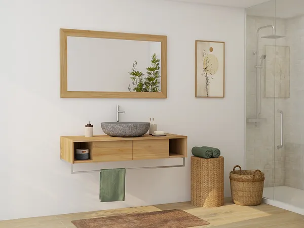 Vente-unique - KUPANG Waschbeckenmöbel Holz, Platte Beige - B 50 cm x H 32 cm x L 120 cm
