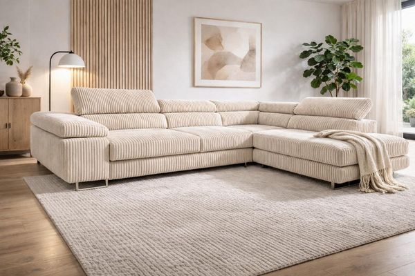 Compleo Ecksofa Einstellbare Kopfstützen, Schlaffunktion, Cordstoff FERRO, 274 x 203 x 70-90 cm