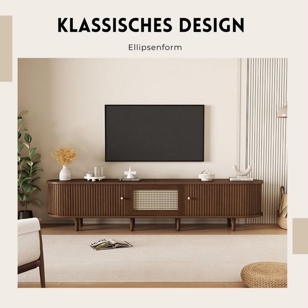 SeedWave Lowboard Retro TV Schrank Gestreifter TV Ständer mit Schiebetüren, Schublade, Schublade mit Kunststoff-Rattan, Vier verstellbare Füße