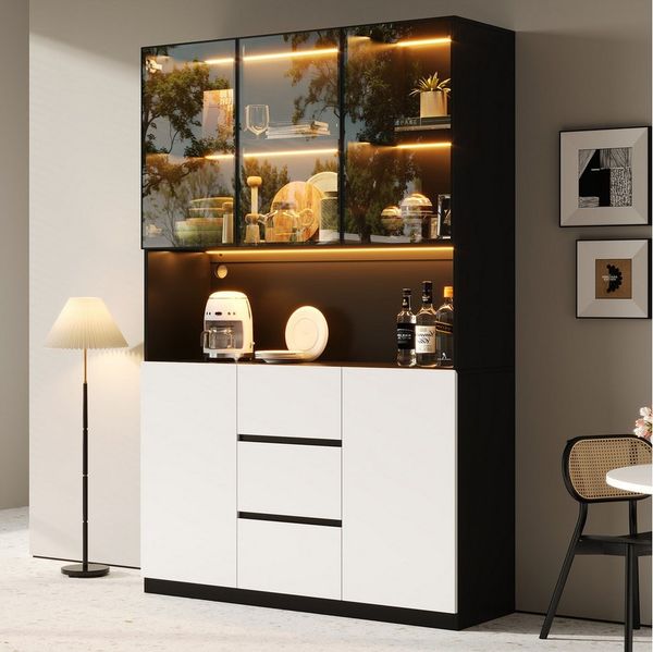 Odikalo Vitrine Vitrineschrank mit LED & Glastür (120×40×200 cm – Vitrine aus gehärtetem Glas mit offenen Regalen, drei Schubladen und zwei Türen. Ein vielseitiger Schrank, der sich für Wohn- und Esszimmer eignet)