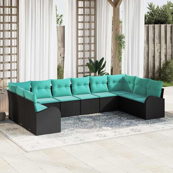 vidaXL Gartensofa-set mit Kissen 10 pcs Schwarz und Türkis Poly-Rattan 3354895