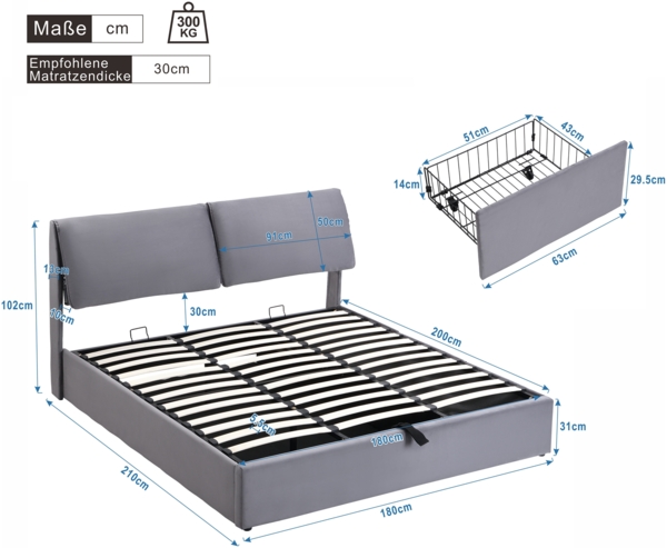 Merax hydraulisches Polsterbett mit drei Schubladen, Bettkasten, Lattenrost & Kopfteil, ohne Matratze, Samt grau, 180 x 200 cm Bild 4