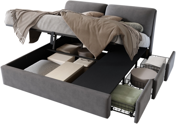 Merax hydraulisches Polsterbett mit drei Schubladen, Bettkasten, Lattenrost & Kopfteil, ohne Matratze, Samt grau, 180 x 200 cm Bild 10