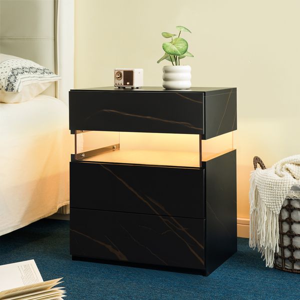 Nachttisch mit 3 Schubladen, LED-Beleuchtung & Acrylfront, 48×38×61, Schwarz/Gold
