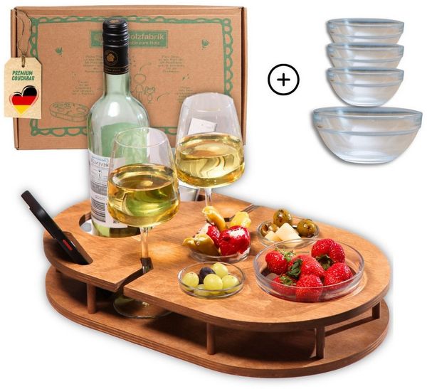 PEGSEN Servier-Set Weinbar Couchbar mit 4 Glasschalen, Birkenholz, Weingläser & Snacks stehen stabil und sicher