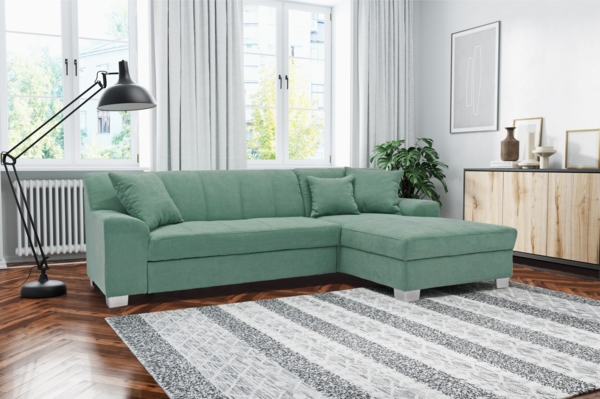 DOMO. collection Ecksofa Capri, Sofa in L-Form mit Schlaffunktion und Füßen aus Chrom, Schlafsofa, Eckcouch, Polsterecke, Couch 239 x 152 x 75 cm (BxTxH), mint