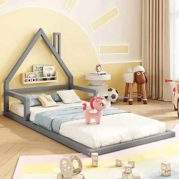 Kinderbett mit Lattenrost, 90x200 cm, Hausbett, Bodenbett, Jugendbett, Kiefer