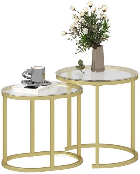 HOMCOM Couchtisch rund 2er Set Stapelbarer Kaffeetisch mit Stahlrahmen (Sofatisch, 2-St, Beistelltisch), für Wohnzimmer, Schlafzimmer, Balkon, Gold