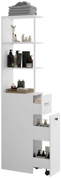 Puluomis Badkommode Badezimmschrank mit Schubladen, Hochschrank schmal (weiß/schwarz)