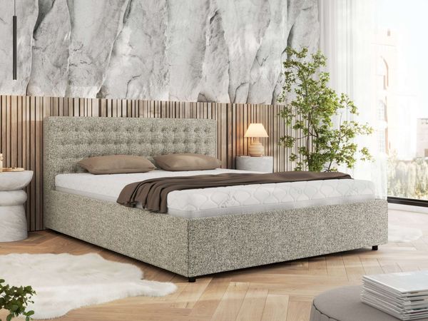 Polsterbett mit Holzlattenrost Doppelbett PAVO CLASSIC, hohe Kopfteil, Bettkasten mit Gasdruckfeder Multipocket Matratze - 180 x 200 cm - Beige Strukture - ELORI LUX
