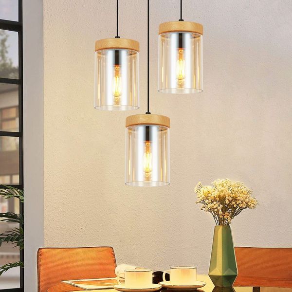 ZMH Pendelleuchte Esstisch Küchenlampe Hängend - Hängelampe Wohnzimmer E27 Esstischlampe Schlafzimmer Hängeleuchte 3 Flammig Glas Vintage Pendellampe Retro Esszimmer Rund für Küche(ohne Leuchtmittel)