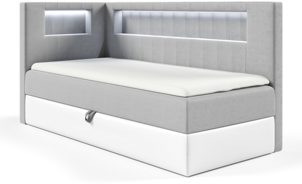 MEBLINI Kinderbett mit Bettkasten GARETH 3 80x200 Links – H3/Grau Samt Gepolstert Einzelbett mit Matratze - Polsterbett mit Stauraum - Bett mit Kopfteil – Stauraumbett