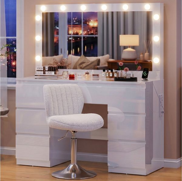 HOMALL Schminktisch Großer Schminktisch, Maße 115/120 x 40 x 140 cm, mit Schmuckschrank (LED-Beleuchtung und Steckdosen, 105 cm groBer Spiegel, mit 7 Schubladen, optional mit Hocker)