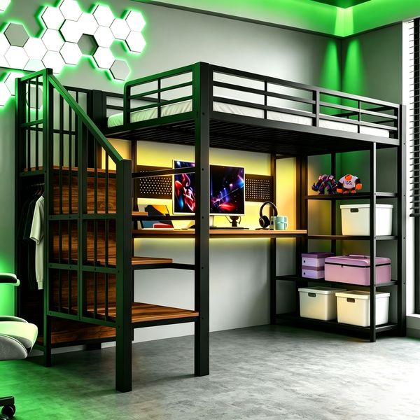 Eisen-Hochbett 90 × 200 cm, Langer Schreibtisch Und Lange Lochwand, Mit Euro-Steckdosen Und LED-Lichtleiste, Mehrstöckige Ablagefächer, Hohe Umzäunung,Schwarz