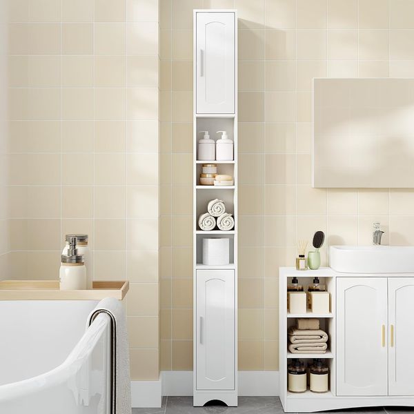 Badezimmerschrank, Badschrank Schmal Hoch, Hochschrank Badezimmer, Badschrank mit Offenen Fach und Tür, Verstellbaren Ablagen, Platzsparender Badregal, Badmöbel, Modern, 20 × 20 × 180 cm Weiß