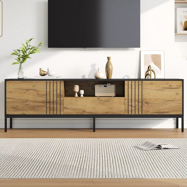 KLAM HOME Lowboard Eichenoptik TV Lowboard 170 x 35 x 50 cm für Fernseher bis 70 Zoll (TV-Schrank mit 2 Schränken + 1 Schublade & offenen Fächern), Moderner Wohnzimmer TV-Ständer aus Spanplatte bis 45kg belastbar