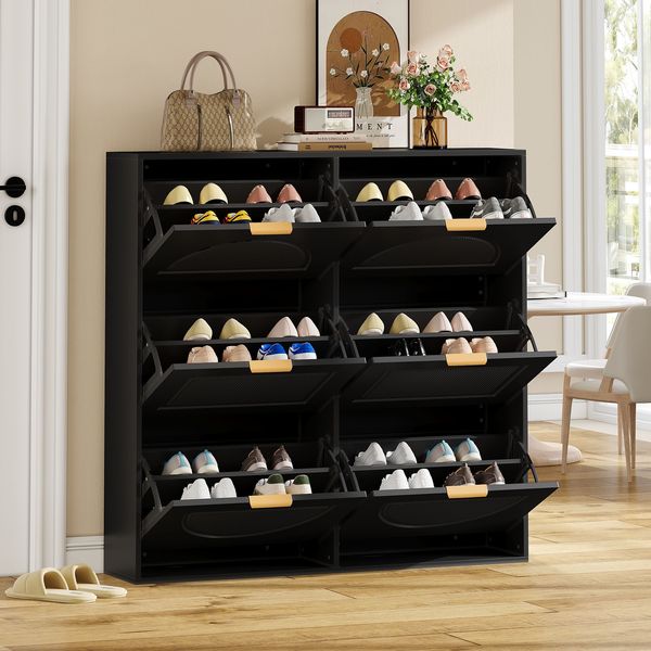 Moderner Schuhschrank, mit 6 Klappenfächern, freistehendem Schuhregal, offenen Ablageflächen, geeignet für Eingangsbereich oder Flur, schwarz, Maße: B118/H115/T25 cm