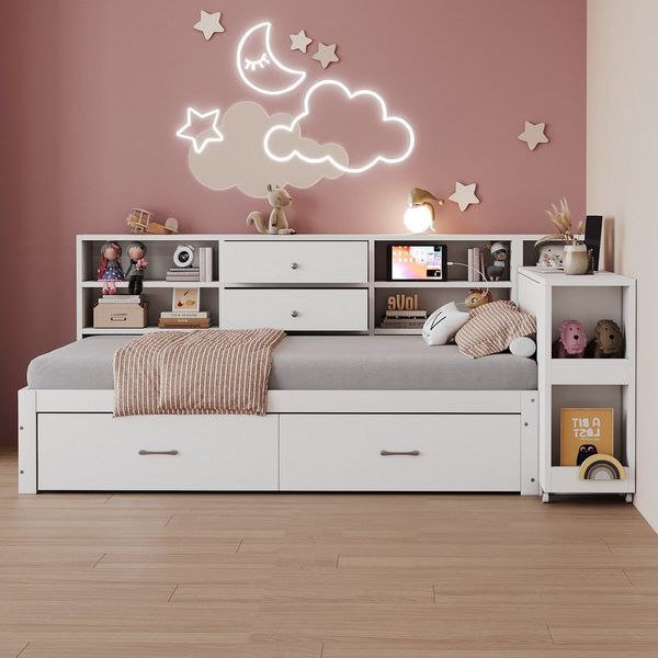 REDOM Schlafsofa großen Schubladen & ausziehbarem Schreibtisch, USB-Steckdosen, Kinderbett Einzelbett mit multifunktionalem Stauraum, ohne Matratze