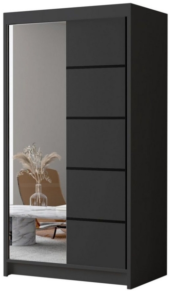 Schwebetürenschrank Letto III 100 cm mit Spiegel - Kleiderschrank, Schiebetürenschrank mit Kleiderstange und Einlegeboden, Schlafzimmerschrank, Schiebetüren - 100x200x58 cm (Schwarz)