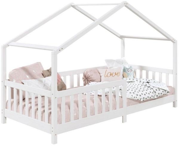 IDIMEX Hausbett LISAN aus massiver Kiefer in weiß, schönes Montessori Bett in 90x200 cm, stabiles Indianerbett mit Rausfallschutz und Dach