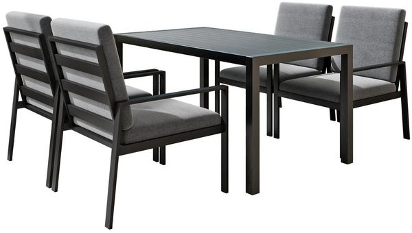 MeXo Gartenlounge-Set Lounge Gartenmöbelset Aluminium, (Garten Essgruppe für 4 Personen, 5-tlg, Terrassenmöbel Set mit 4 Sessel, Esstisch 140x80x70 cm), 85 cm Rückenlehne, hoher Sitzkomfort
