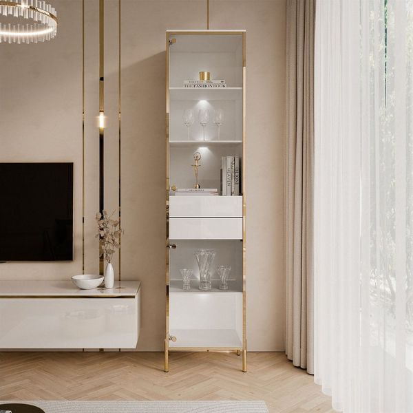 ALLHOUSE24 Vitrine PEONY Breite 45 cm Glasvitrine mit LED Beleuchtung weiß gold GLANZ Breite 45 cm