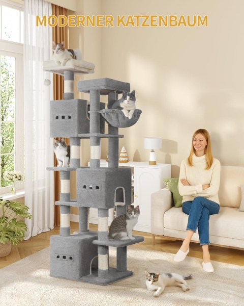 Kratzbaum groß, 193 cm hoch, XXL Katzenbaum, mit 7 Kratzsäulen, 3 Höhlen, 2 Plattformen, 2 Plüschbälle, Korb, Kletterseil, mehrstöckiger Katzenkratzbaum, Hellgrau